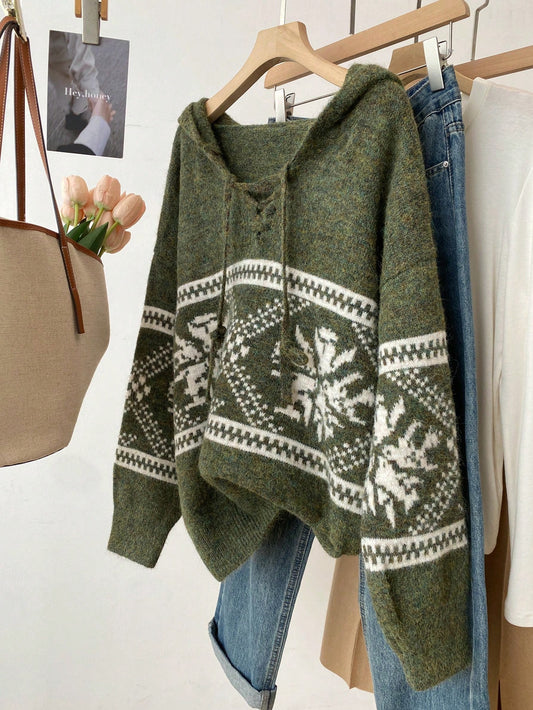 Women's Casual Colorblock Geometric Pattern Hooded Sweater