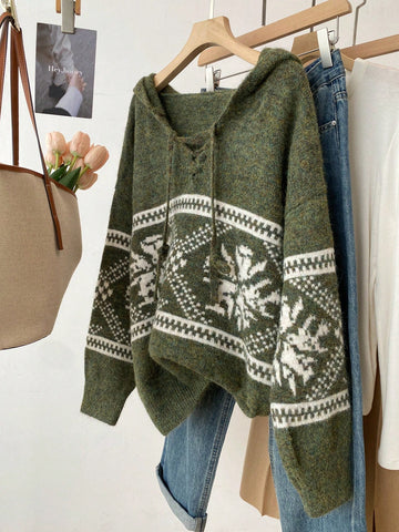Women's Casual Colorblock Geometric Pattern Hooded Sweater