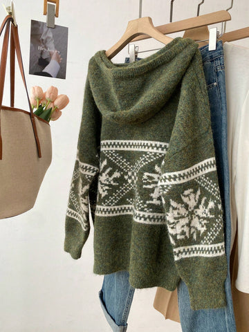 Women's Casual Colorblock Geometric Pattern Hooded Sweater