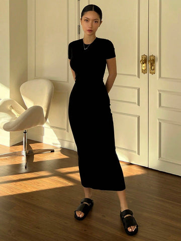 Strévra Solid Split Hem Bodycon Dress Sundress