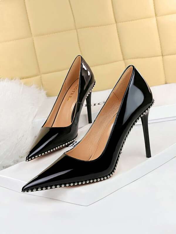 Studded Decor Point Toe Stiletto Heeled Artificial Patent Leather Court Pumps