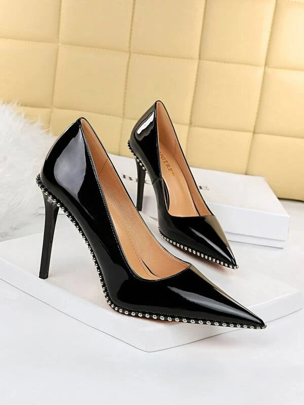 Studded Decor Point Toe Stiletto Heeled Artificial Patent Leather Court Pumps