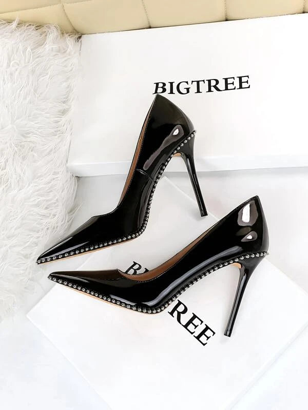 Studded Decor Point Toe Stiletto Heeled Artificial Patent Leather Court Pumps