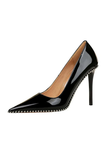 Studded Decor Point Toe Stiletto Heeled Artificial Patent Leather Court Pumps