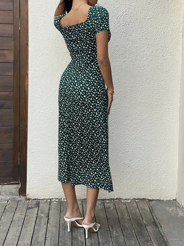 Women's Ditsy Floral Sweetheart Neck Long Dress