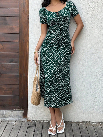 Women's Ditsy Floral Sweetheart Neck Long Dress