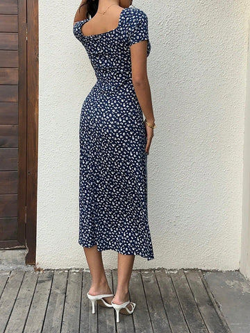 Women's Ditsy Floral Sweetheart Neck Long Dress