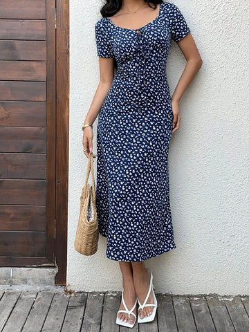 Women's Ditsy Floral Sweetheart Neck Long Dress