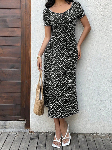 Women's Ditsy Floral Sweetheart Neck Long Dress