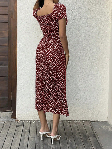 Women's Ditsy Floral Sweetheart Neck Long Dress
