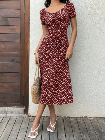 Women's Ditsy Floral Sweetheart Neck Long Dress