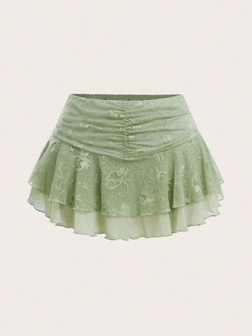Sweetina Women's Simple Lace Patchwork High Waist A-Line Midi Skirt