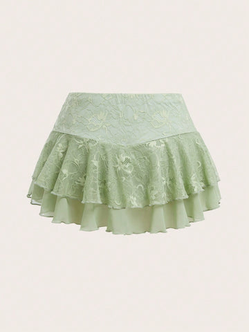 Sweetina Women's Simple Lace Patchwork High Waist A-Line Midi Skirt