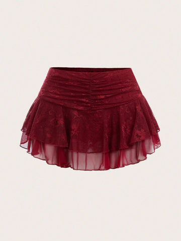 Sweetina Women's Simple Lace Patchwork High Waist A-Line Midi Skirt