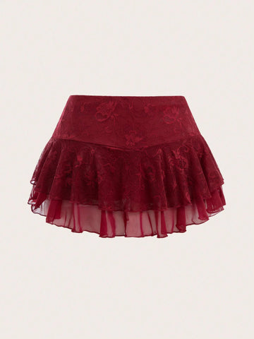 Sweetina Women's Simple Lace Patchwork High Waist A-Line Midi Skirt