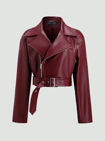 1pc Encore Red Loose Design PU Leather Jacket