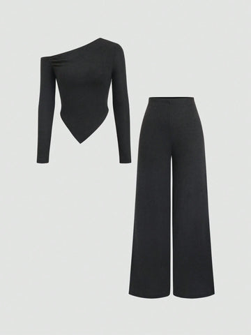 Women's Casual Asymmetrical Shoulder Fuzzy T-Shirt + Wide Leg Low Waist Pants