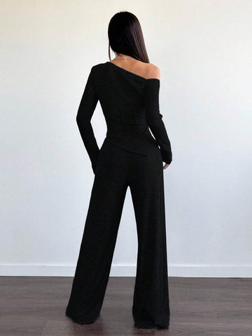 Women's Casual Asymmetrical Shoulder Fuzzy T-Shirt + Wide Leg Low Waist Pants