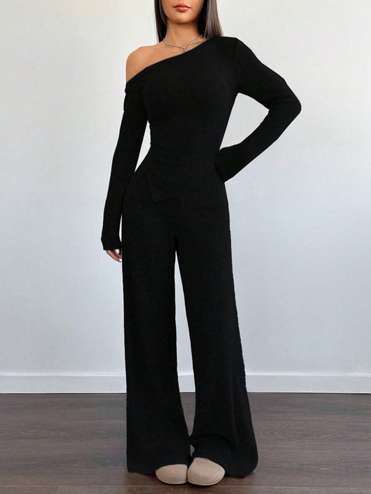 Women's Casual Asymmetrical Shoulder Fuzzy T-Shirt + Wide Leg Low Waist Pants