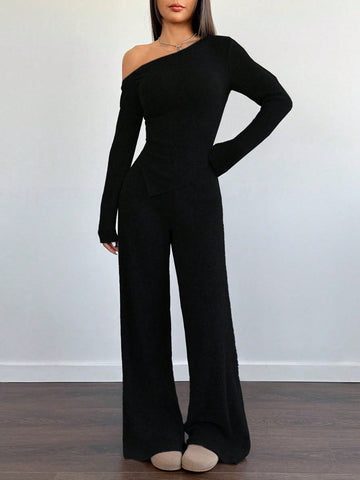 Women's Casual Asymmetrical Shoulder Fuzzy T-Shirt + Wide Leg Low Waist Pants