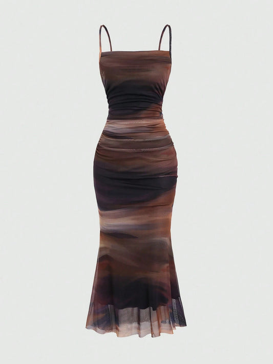 Sweetra Summer Tie Dye Ombre Mesh Pleated Empire Waist Mermaid Hem Cami Dress