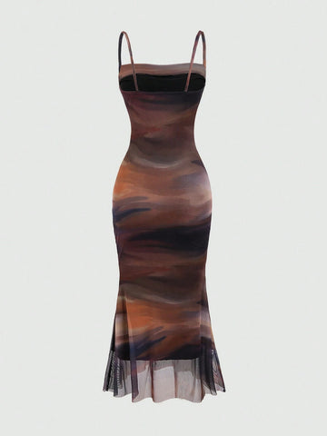 Sweetra Summer Tie Dye Ombre Mesh Pleated Empire Waist Mermaid Hem Cami Dress