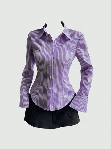 Women's Casual Slim Fit Striped Long Sleeve Shirt