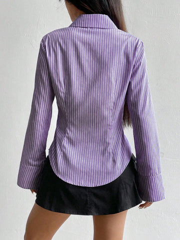 Women's Casual Slim Fit Striped Long Sleeve Shirt