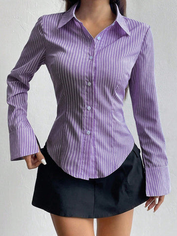 Women's Casual Slim Fit Striped Long Sleeve Shirt