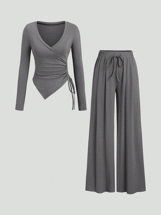 Women's Asymmetrical Gray Top & Wide Leg Pants 2 Pieces Set