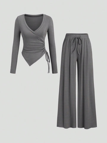 Women's Asymmetrical Gray Top & Wide Leg Pants 2 Pieces Set