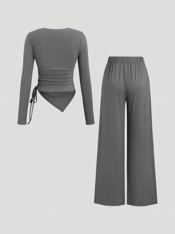 Women's Asymmetrical Gray Top & Wide Leg Pants 2 Pieces Set