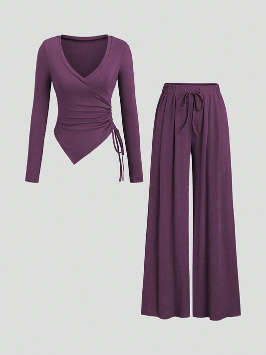 Women's Asymmetrical Gray Top & Wide Leg Pants 2 Pieces Set