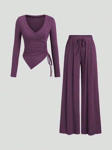 Women's Asymmetrical Gray Top & Wide Leg Pants 2 Pieces Set