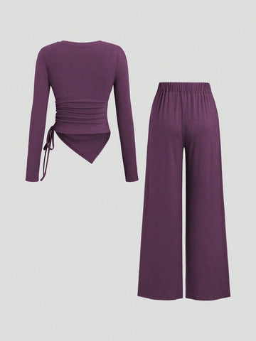 Women's Asymmetrical Gray Top & Wide Leg Pants 2 Pieces Set