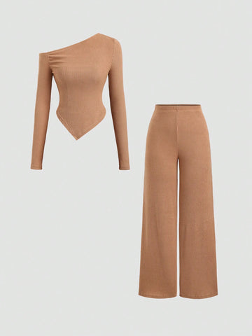 Women's Casual Asymmetrical Shoulder Fuzzy T-Shirt + Wide Leg Low Waist Pants