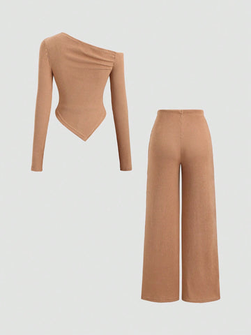 Women's Casual Asymmetrical Shoulder Fuzzy T-Shirt + Wide Leg Low Waist Pants