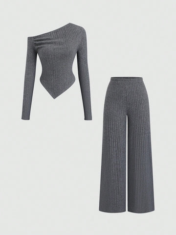 Women's Casual Asymmetrical Shoulder Fuzzy T-Shirt + Wide Leg Low Waist Pants