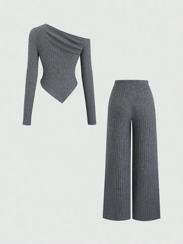 Women's Casual Asymmetrical Shoulder Fuzzy T-Shirt + Wide Leg Low Waist Pants