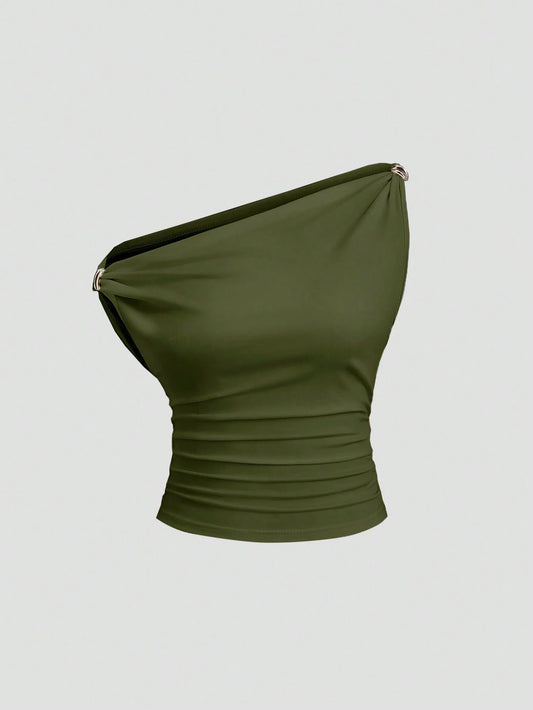 Solid Color Pleated Design Asymmetrical Neck Versatile Blouse With Gold Decoration