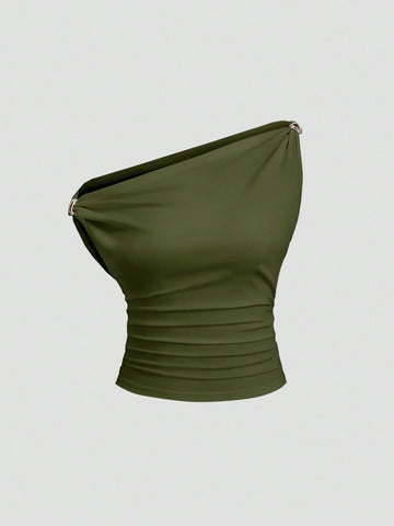 Solid Color Pleated Design Asymmetrical Neck Versatile Blouse With Gold Decoration
