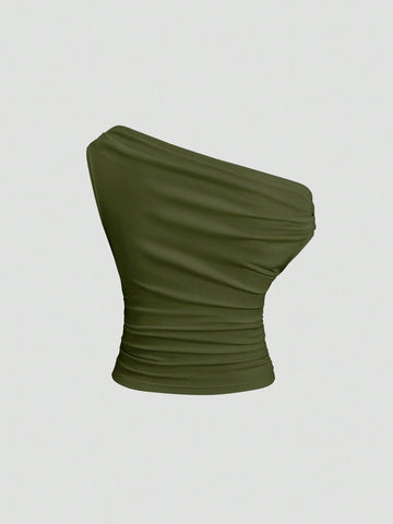 Solid Color Pleated Design Asymmetrical Neck Versatile Blouse With Gold Decoration
