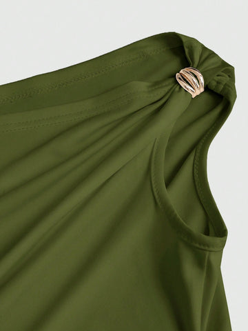 Solid Color Pleated Design Asymmetrical Neck Versatile Blouse With Gold Decoration