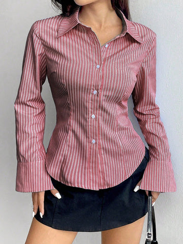 Women's Casual Slim Fit Striped Long Sleeve Shirt