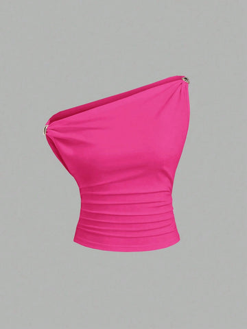 Solid Color Pleated Design Asymmetrical Neck Versatile Blouse With Gold Decoration
