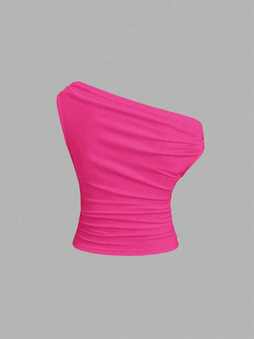 Solid Color Pleated Design Asymmetrical Neck Versatile Blouse With Gold Decoration