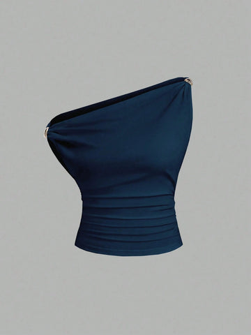 Solid Color Pleated Design Asymmetrical Neck Versatile Blouse With Gold Decoration