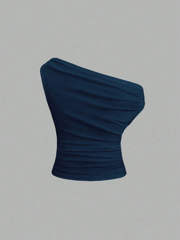 Solid Color Pleated Design Asymmetrical Neck Versatile Blouse With Gold Decoration