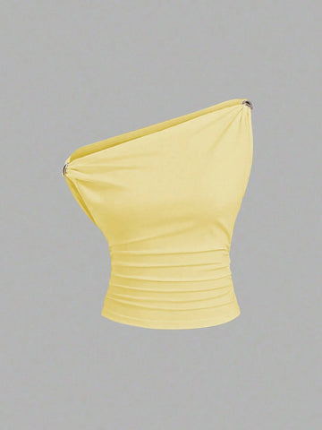 Solid Color Pleated Design Asymmetrical Neck Versatile Blouse With Gold Decoration