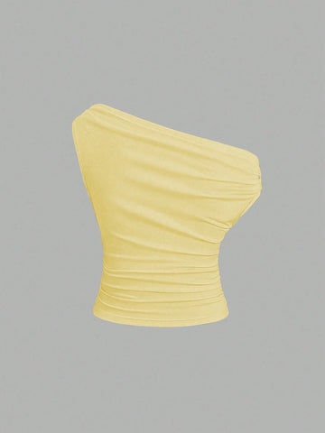 Solid Color Pleated Design Asymmetrical Neck Versatile Blouse With Gold Decoration